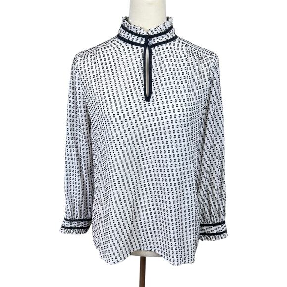 J. Crew Black & White Swiss Dot Silk Blend Long Sleeve Mock Neck Blouse - Picture 2 of 14